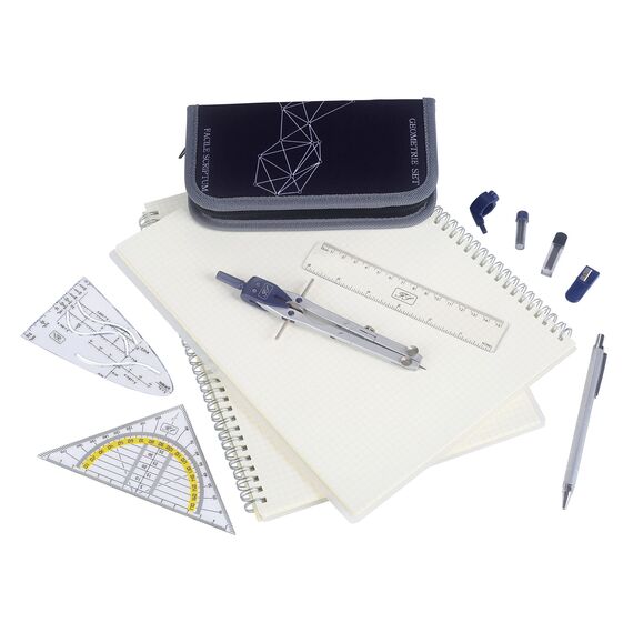 Facile Scriptum Hochwertiges Zirkelset (Schwarz) – 13-teiliges Geometrieset - Zirkel mit Schnellverstellung, Feinminen-Bleistift aus Metall, Geodreieck, Radierer und vieles mehr – Mathe-Set mit Etui