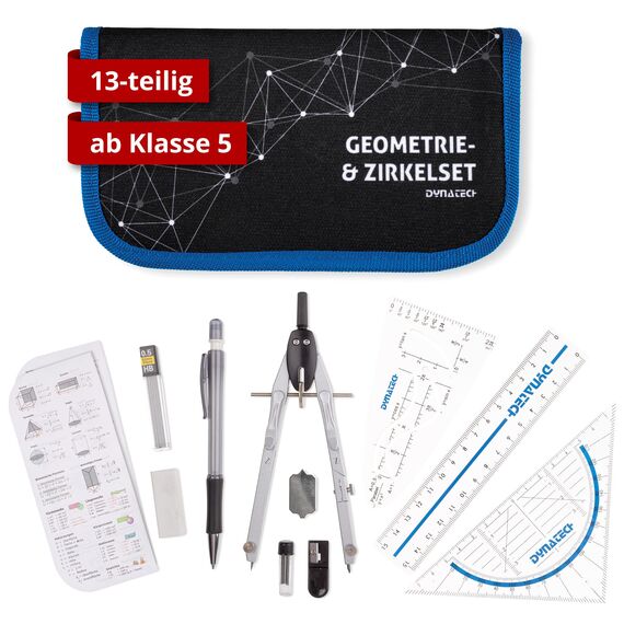 DynaTech Zirkel Set Geometrieset 13-Teilig mit Zirkel, Geodreieck, Parabel, Bleistift, Lineal, Spitzer und Ersatzminen im Etui mit Reißverschluss blau - praktisches Mathematik-Set inkl. Federmappe