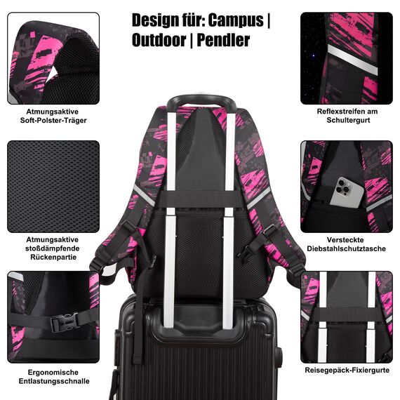 Schulrucksack Mädchen Teenager Rucksack Tagesrucksack Kinder Schulranzen Schultaschen Set für Schule 2 3 4 5 6 7 8 Klasse 9 10 11 12 13 14 15 Jahre Ranzen Kinderrucksack Laptop Rot Daypack Wasserdicht