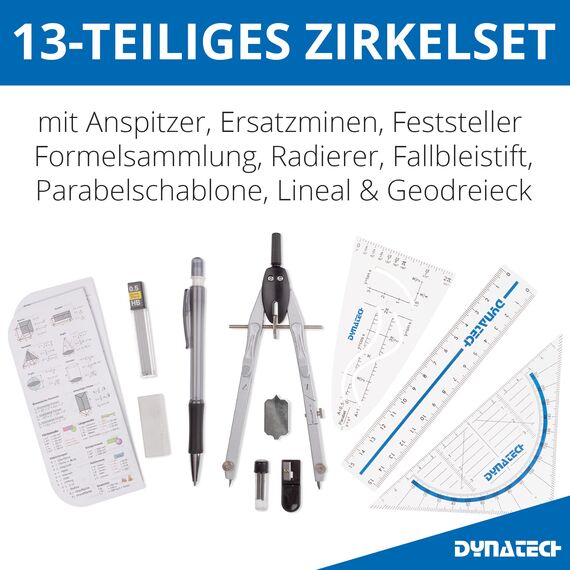 DynaTech Zirkel Set Geometrieset 13-Teilig mit Zirkel, Geodreieck, Parabel, Bleistift, Lineal, Spitzer und Ersatzminen im Etui mit Reißverschluss blau - praktisches Mathematik-Set inkl. Federmappe