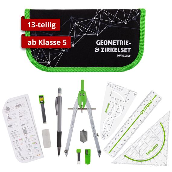 DynaTech Zirkel Set Geometrieset 13-Teilig mit Schnellverstellzirkel, Geodreieck, Parabel, Bleistift, Lineal, Spitzer und Ersatzminen im Etui grün - praktisches Mathematik-Set inkl. Federmappe