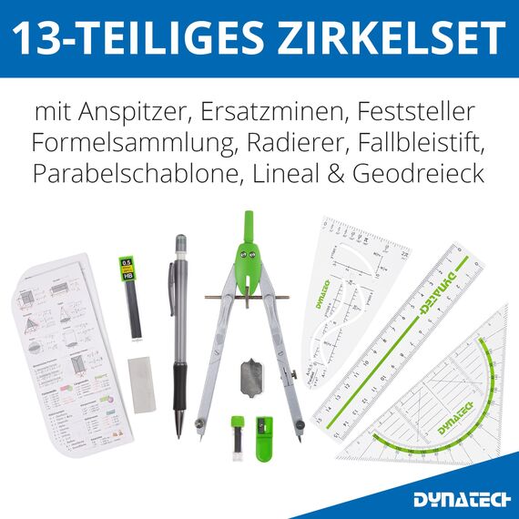 DynaTech Zirkel Set Geometrieset 13-Teilig mit Schnellverstellzirkel, Geodreieck, Parabel, Bleistift, Lineal, Spitzer und Ersatzminen im Etui grün - praktisches Mathematik-Set inkl. Federmappe