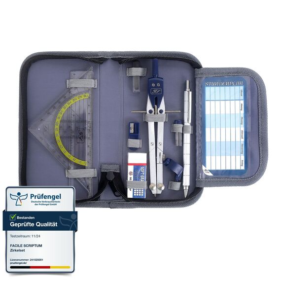 Facile Scriptum Hochwertiges Zirkelset (Schwarz) – 13-teiliges Geometrieset - Zirkel mit Schnellverstellung, Feinminen-Bleistift aus Metall, Geodreieck, Radierer und vieles mehr – Mathe-Set mit Etui