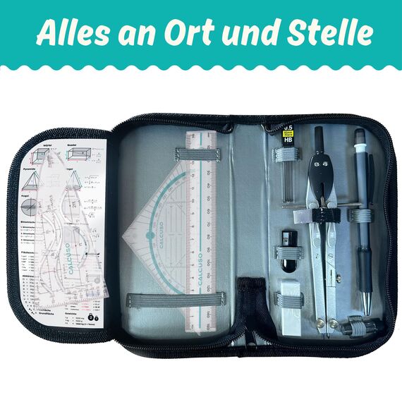 CALCUSO Geometrie Set Pro – 15-teiliges Geodreieck Set mit Zirkel mit Feststellrad, Lineal, Radiergummi und Anspitzer in schwarzer Federmappe – ideal für Schule, Uni, Büro, Zirkel ab 4. Klasse