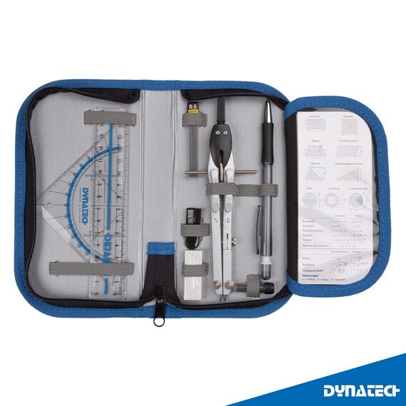 DynaTech Zirkel Set Geometrieset 13-Teilig mit Zirkel, Geodreieck, Parabel, Bleistift, Lineal, Spitzer und Ersatzminen im Etui mit Reißverschluss blau - praktisches Mathematik-Set inkl. Federmappe