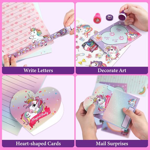 Unicorn Journal Schreibwaren-Set, Einhorn-Geschenke für Mädchen im Alter von 6 bis 12 Jahren, 49-teiliges Briefschreib- und Bastelset mit Aufbewahrungskoffer. Geschenk für Geburtstag und Weihnachten