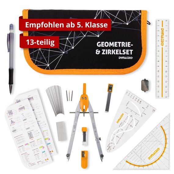 DynaTech Zirkel Set Geometrieset 13-Teilig mit Schnellverstellzirkel, Geodreieck, Parabel, Bleistift, Lineal, Spitzer und Ersatzminen im Etui orange - praktisches Mathematik-Set inkl. Federmappe