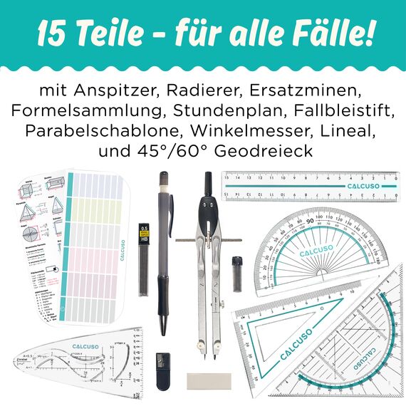 CALCUSO Geometrie Set Pro – 15-teiliges Geodreieck Set mit Zirkel mit Feststellrad, Lineal, Radiergummi und Anspitzer in schwarzer Federmappe – ideal für Schule, Uni, Büro, Zirkel ab 4. Klasse