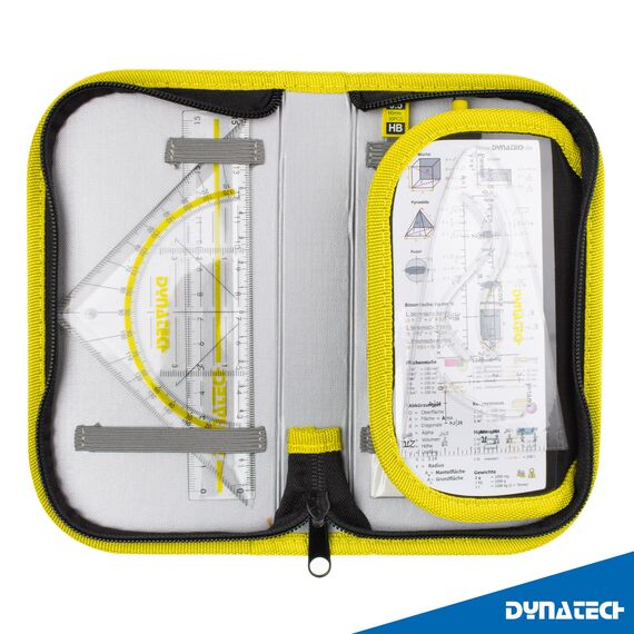 DynaTech Zirkel Set Geometrieset 13-Teilig mit Schnellverstellzirkel, Geodreieck, Parabel, Bleistift, Lineal, Spitzer und Ersatzminen im Etui - praktisches Mathematik-Set inkl. Federmappe (Gelb)