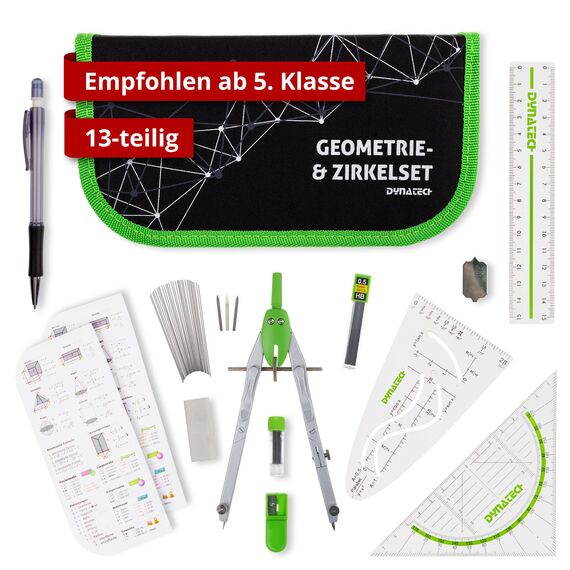 DynaTech Zirkel Set Geometrieset 13-Teilig mit Schnellverstellzirkel, Geodreieck, Parabel, Bleistift, Lineal, Spitzer und Ersatzminen im Etui grün - praktisches Mathematik-Set inkl. Federmappe
