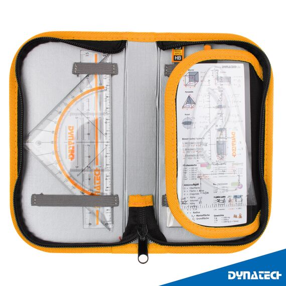 DynaTech Zirkel Set Geometrieset 13-Teilig mit Schnellverstellzirkel, Geodreieck, Parabel, Bleistift, Lineal, Spitzer und Ersatzminen im Etui orange - praktisches Mathematik-Set inkl. Federmappe
