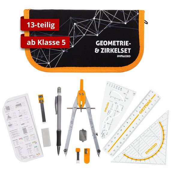 DynaTech Zirkel Set Geometrieset 13-Teilig mit Schnellverstellzirkel, Geodreieck, Parabel, Bleistift, Lineal, Spitzer und Ersatzminen im Etui orange - praktisches Mathematik-Set inkl. Federmappe