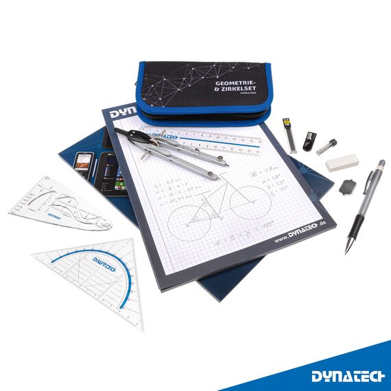 DynaTech Zirkel Set Geometrieset 13-Teilig mit Zirkel, Geodreieck, Parabel, Bleistift, Lineal, Spitzer und Ersatzminen im Etui mit Reißverschluss blau - praktisches Mathematik-Set inkl. Federmappe