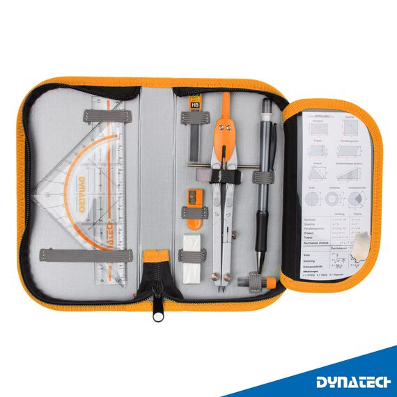 DynaTech Zirkel Set Geometrieset 13-Teilig mit Schnellverstellzirkel, Geodreieck, Parabel, Bleistift, Lineal, Spitzer und Ersatzminen im Etui orange - praktisches Mathematik-Set inkl. Federmappe