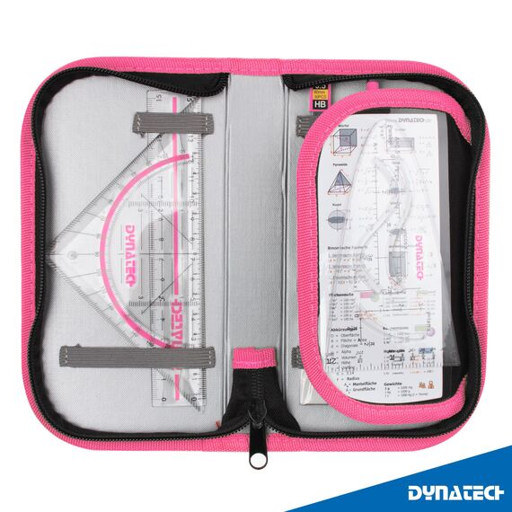 DynaTech Zirkel Set Geometrieset 13-Teilig mit Schnellverstellzirkel, Geodreieck, Parabel, Bleistift, Lineal, Spitzer und Ersatzminen im Etui pink - praktisches Mathematik-Set inkl. Federmappe