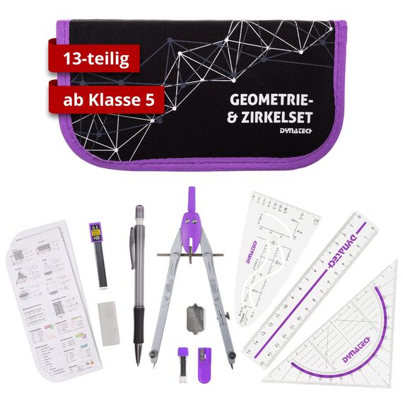 DynaTech Zirkel Set Geometrieset 13-Teilig mit Schnellverstellzirkel, Geodreieck, Parabel, Bleistift, Lineal, Spitzer und Ersatzminen im Etui - praktisches Mathematik-Set inkl. Federmappe (Violett)