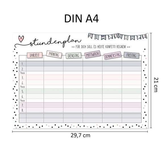 Stundenplan Konfetti mit magnetischer Rückseite I DIN A4 I zum Schulanfang I für Mädchen I abwischbar magnetisch wiederbeschreibbar I dv349
