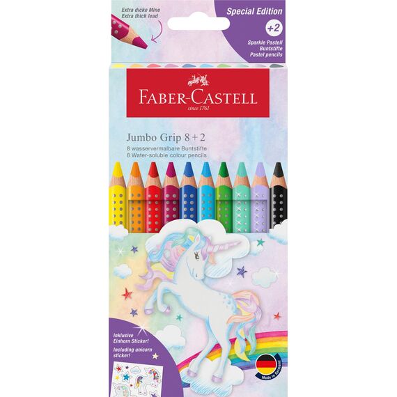 Faber-Castell 110923 - Buntstifte Set Jumbo Einhorn, 10-teilig, bruchsicher, inkl. 2 Sparkle Stifte und Einhorn Sticker