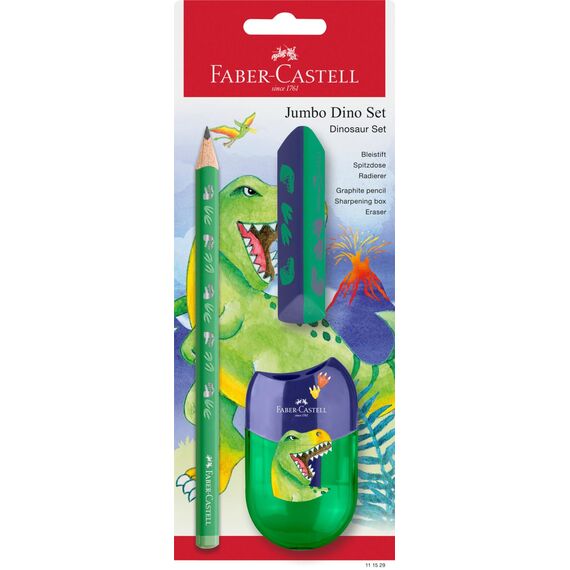 Faber-Castell 111529 - Schreibset Dino mit Jumbo Bleistift, Spitzer und Radiergummi, Schulset für Kinder