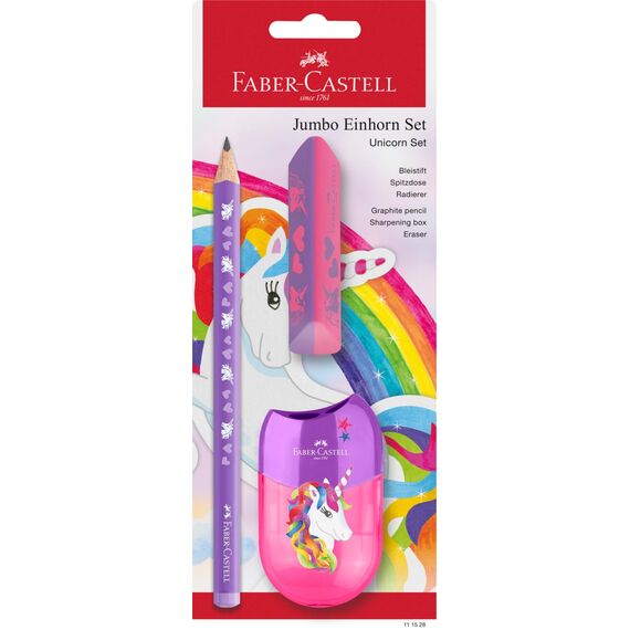 Faber-Castell 111528 - Schreibset Einhorn mit Jumbo Bleistift, Spitzer und Radiergummi, Schulset für Kinder