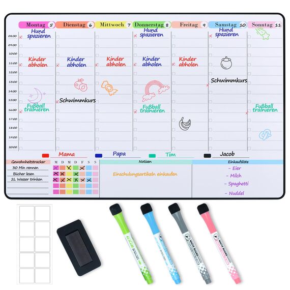 POPRUN Magnetisch Whiteboard Wochenplaner abwischbar Familienplaner Planungstafel Haushaltsplan Menüplaner Magnettafel für Kühlschrank Putzplan Stundenplan für Büro und Schule 42 x 28 cm auf Deutsch