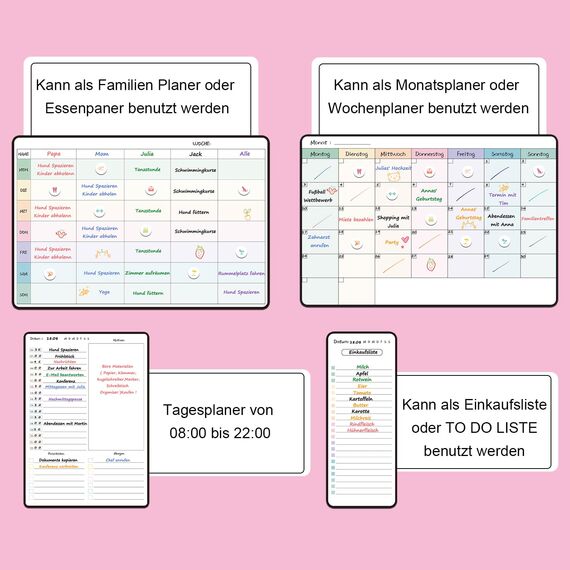MCCORL Magnetisch Wochenplaner+Monatsplaner+Tagesplaner/Stundenplaner+To Do Liste/Einkaufsliste abwischbar, Magnettafeln für Kühlschrank, perfect als Familienplaner und Haushaltsplaner (4 Stücke)
