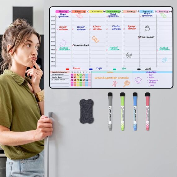 POPRUN Magnetisch Whiteboard Wochenplaner abwischbar Familienplaner Planungstafel Haushaltsplan Menüplaner Magnettafel für Kühlschrank Putzplan Stundenplan für Büro und Schule 42 x 28 cm auf Deutsch
