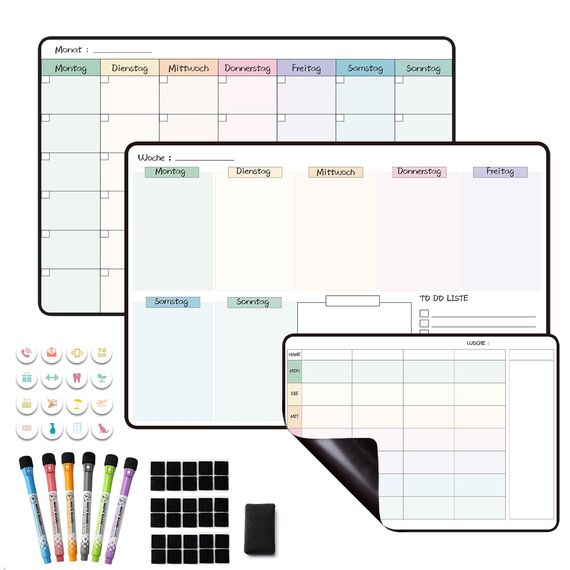 MCCORL Magnetisch Wochenplaner+Monatsplaner+Essenplaner/Familienplaner abwischbar, Magnettafeln für Kühlschrank,perfect als Haushaltsplaner und Aufgabenplaner (3 Stücke)