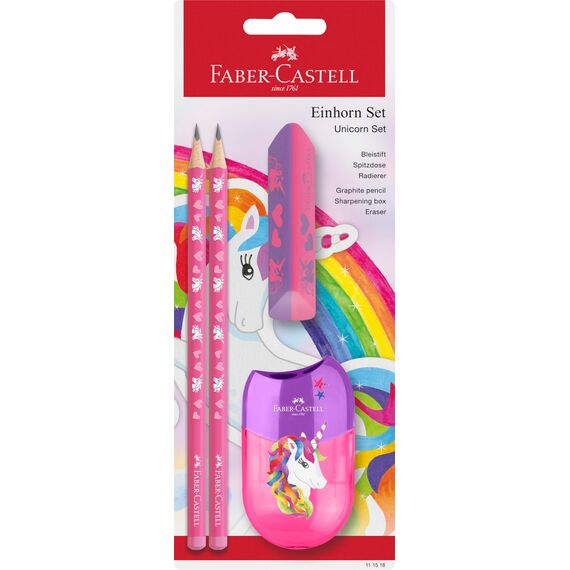 Faber-Castell 111518 - Schreibset Einhorn mit Bleistifte HB, Spitzer und Radiergummi, Schulset für Kinder