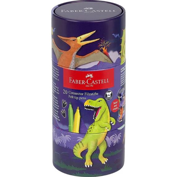 Faber-Castell 155546 - Filzstifte Set Connector Dino, 20er Metallbox, auswaschbar, Malset für Kinder