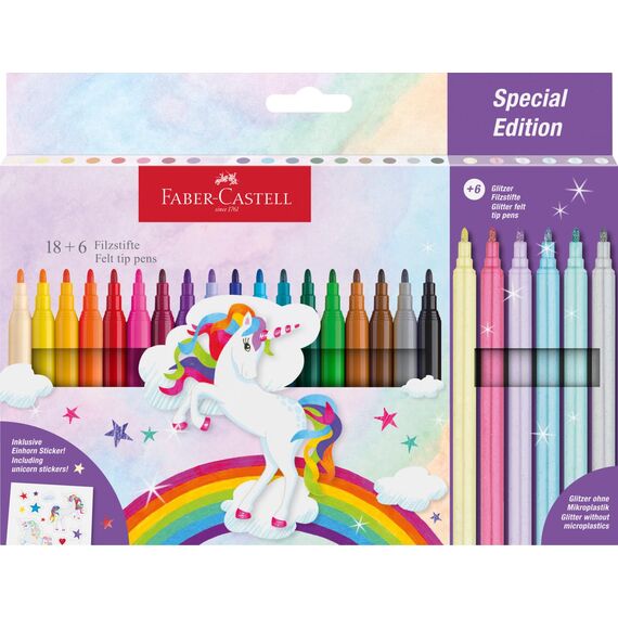 Faber-Castell 554221 - Filzstifte Set Einhorn, 13 Fasermaler in Standard- und Pastellfarben