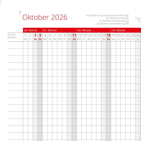 Zimmerbelegungskalender 2026 Zimmerbelegungsplan Belegungskalender 2026 Ferienwohnung Belegungsplan für Vermieter Hotels und Pensionen mit Ferienterminen Deutschland und Österreich in Rot
