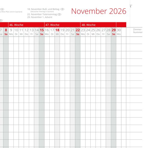 Zimmerbelegungskalender 2026 Zimmerbelegungsplan Belegungskalender 2026 Ferienwohnung Belegungsplan für Vermieter Hotels und Pensionen mit Ferienterminen Deutschland und Österreich in Rot