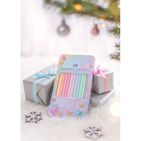 Faber-Castell 201910 - Buntstifte Set Sparkle Pastell 12-teilig, im Metalletui, dreikant, bruchsicher