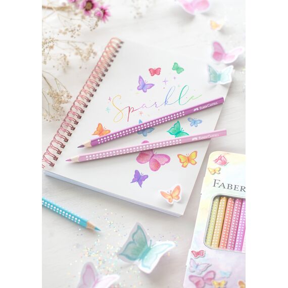 Faber-Castell 201910 - Buntstifte Set Sparkle Pastell 12-teilig, im Metalletui, dreikant, bruchsicher