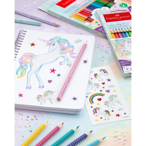 Faber-Castell 201542 - Buntstifte Set Einhorn, 13-teilig, bruchsicher, inkl. 3 Sparkle Pastellstifte und Einhorn Sticker