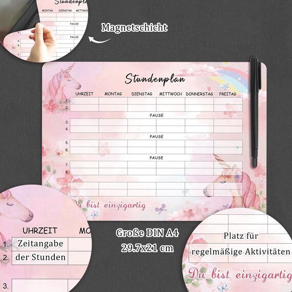BOYATONG Einhorn Stundenplan Abwischbar, Stundenplan Magnetisch, Einschulung Mädchen Geschenk Schulanfang, Inhalt Schultüte Füllung Mädchen