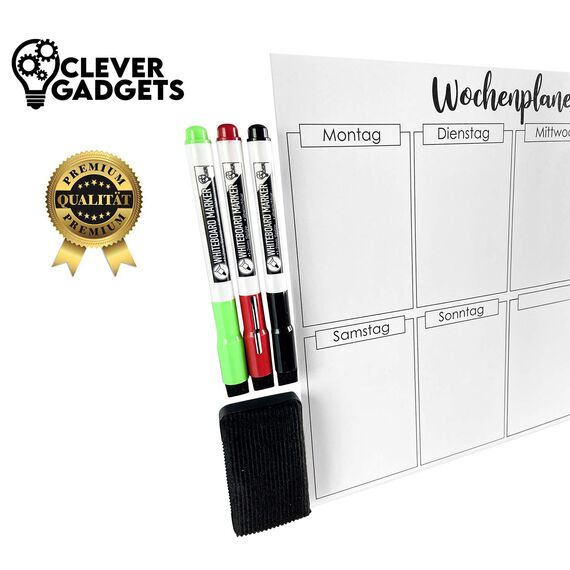 Clever Gadgets magnetischer Wochenplaner + 3 Whiteboard-Marker& Schwamm/ 38cm x 26cm / abwischbar/Kühlschrank-Planer/Fitness-Planer/Magnet-Planer