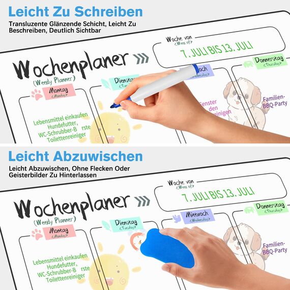 Prelisee Whiteboard Wochenplaner Magnetisch Abwischbar 42×30cm Kann Als Essensplaner Woche,To Do Liste,Haushaltsplaner,Einkaufsliste, Kinder Wochenplaner Abwischbar für Kühlschrank-2 Stk