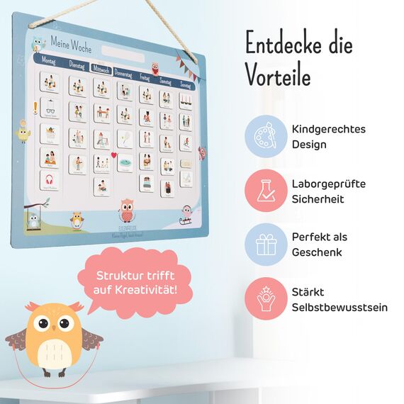 Wochenplaner Kinder - Montessori Magnettafel, 211 Magnete, beschreib- & abwischbar - Wochenplan Kinder fördert Selbstständigkeit & Struktur - Wochenplaner magnetisch mit Zubehör