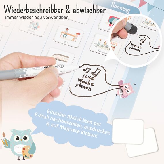 Wochenplaner Kinder - Montessori Magnettafel, 211 Magnete, beschreib- & abwischbar - Wochenplan Kinder fördert Selbstständigkeit & Struktur - Wochenplaner magnetisch mit Zubehör