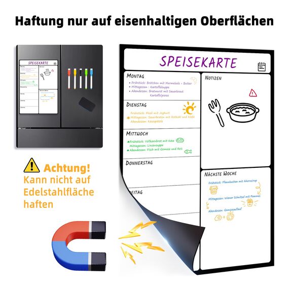 damoguin A3 Wochenplaner Abwischbar, Magnetisch Woche Menüplaner, Essensplaner für den Kühlschrank, Wöchentlicher Speiseplan, Magnettafel Planer Whiteboard für die Küche (Deutsch)