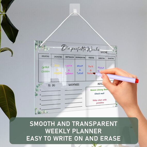 YSOOUA Wochenplaner Abwischbar Wochenplaner aus Acrylglas für Haushaltsplan 30 x 20CM Memoboard mit 6 Whiteboard-Stift Haushaltsplan zum Aufhängen To Do Liste für den Haushalt(A)