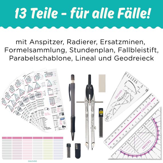 CALCUSO GEOMETRIE SET PRO in pinker Federmappe/Federmäppchen mit Zirkel und Geodreieck - Praktisches Mäppchen für Schule, Uni, Büro und Zeichnungen - Ideal als Geometrie-Set für die Schule