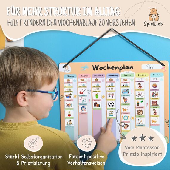 SpielLieb® Montessori Wochenplaner Kinder – Magnettafel 216 Magnete, beschreib- & abwischbar – Wochenplan Kinder ideal für Selbstständigkeit & Organisation – Wochenplaner