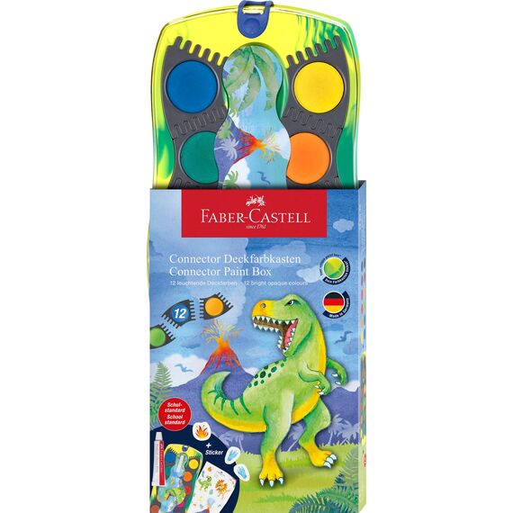 Faber-Castell 125036 - Wasserfarbkasten Connector Dino mit 12 Farben inkl. Deckweiß Tube und Aufkleber
