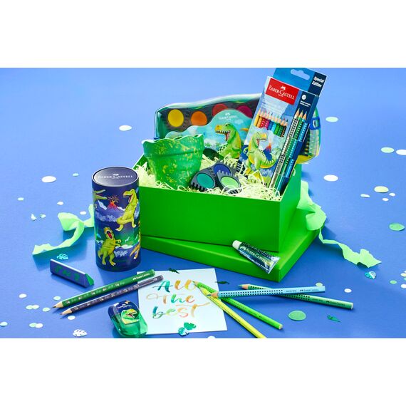 Faber-Castell 125036 - Wasserfarbkasten Connector Dino mit 12 Farben inkl. Deckweiß Tube und Aufkleber