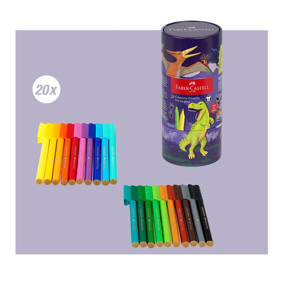 Faber-Castell 155546 - Filzstifte Set Connector Dino, 20er Metallbox, auswaschbar, Malset für Kinder