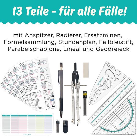 CALCUSO GEOMETRIE SET PRO in türkiser Federmappe/Federmäppchen mit Zirkel und Geodreieck - Praktisches Mäppchen für Schule, Uni, Büro und Zeichnungen - Ideal als Geometrie-Set für die Schule