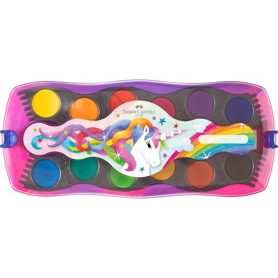 FABER-CASTELL 125035 - Wasserfarbkasten Connector Einhorn mit 12 Farben inkl. Deckweiß Tube und Aufkleber